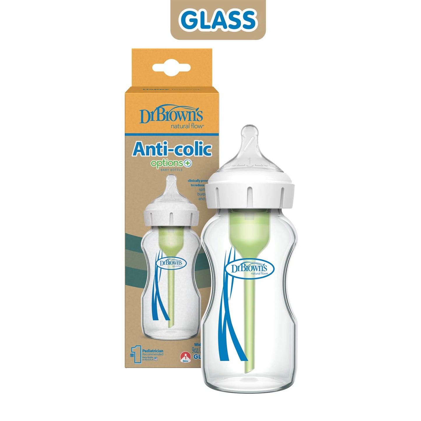Dr. Brown's Natural Flow Anti-Colic Options+ Wide-Neck Glass Baby Bottle, with Level 1 Slow Flow Nipple
